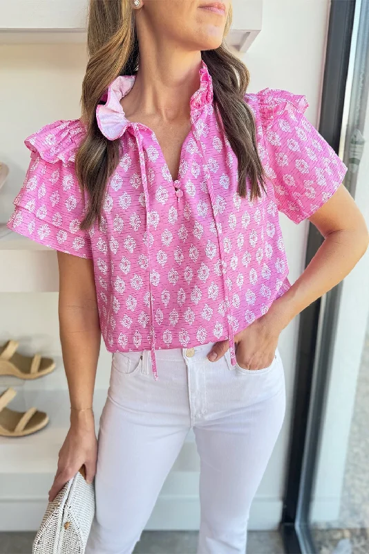 Cropped ShirtsPink Vintage Floral Ruffled Split Neck Layered Sleeve Blouse