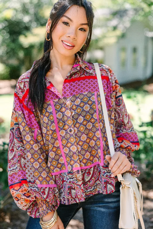 Sequined ShirtsPlay Fair Hot Pink Mixed Print Blouse