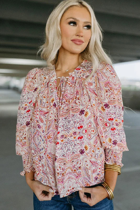 Urban ShirtsRed Boho Paisley Print Shirred Cuffs Blouse