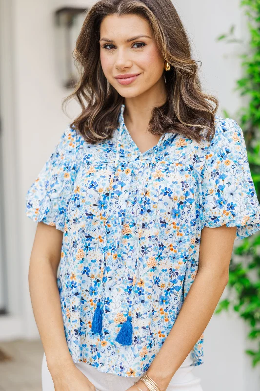 Metallic ShirtsRemember You Well Blue Floral Blouse