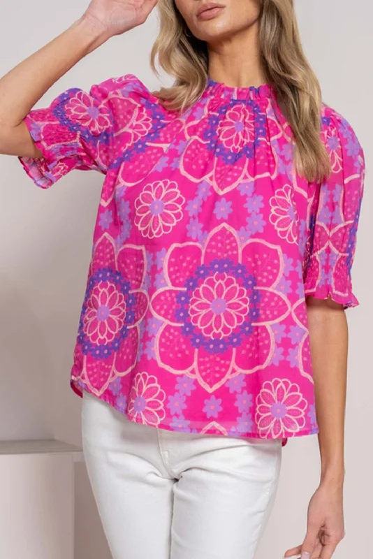 Zippered ShirtsRose Floral Print Frill Neck Smocked Cuffs Blouse