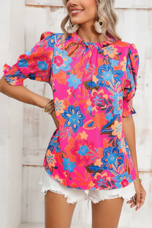 Running ShirtsRose Frill Neck Puff Sleeve Boho Floral Blouse