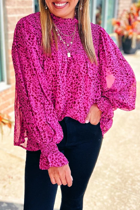 Asymmetrical ShirtsRose Leopard Shirred Puff Sleeve Flowy Blouse