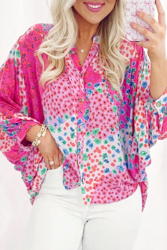 Polyester ShirtsRose Red Floral Print Dolman Sleeve Blouse