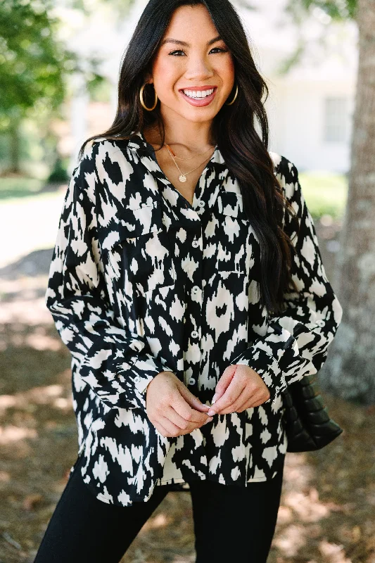 Beaded ShirtsSee The Light Black Animal Print Blouse