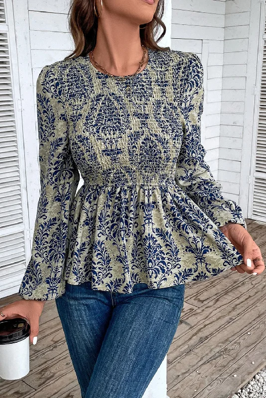 Thermal ShirtsSky Blue Ethnic Print Balloon Sleeve Smocked Peplum Blouse