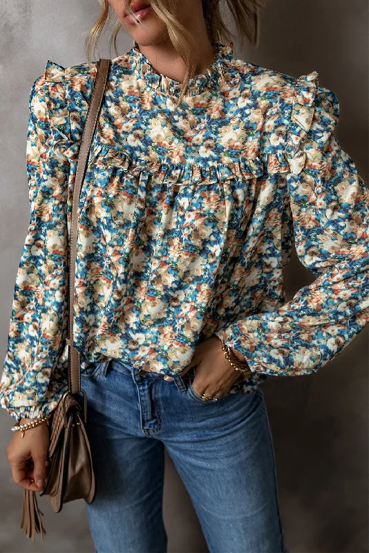 High-Fashion ShirtsSky Blue Floral Print Frill Neck Puff Sleeve Blouse