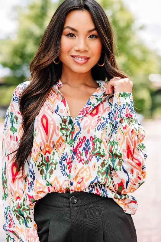 Fringed ShirtsThis Is It Salmon Pink Ornamental Print Blouse