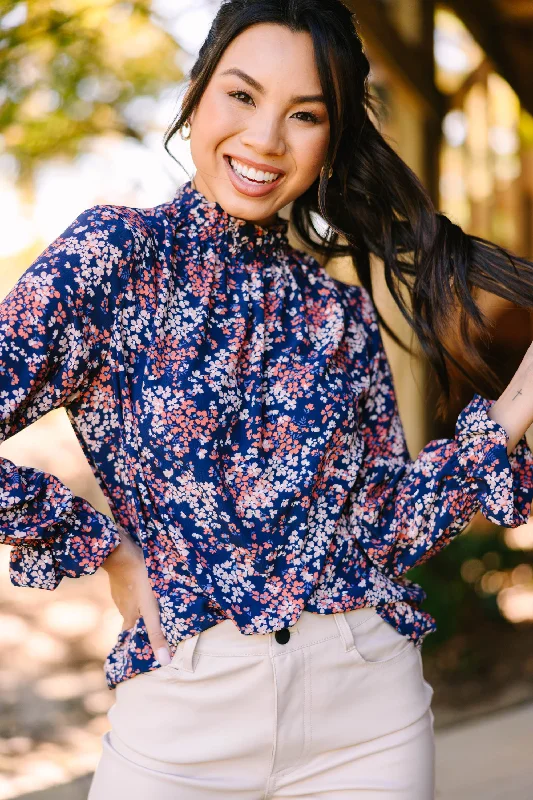 Lace-Up ShirtsThis Is The Time Navy Blue Ditsy Floral L/S Blouse