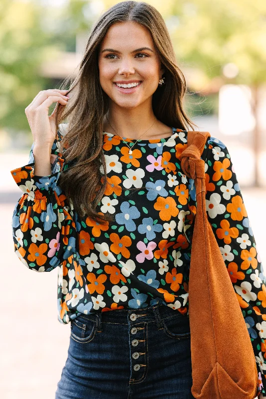 Glitter ShirtsWaiting For You Black Floral Blouse