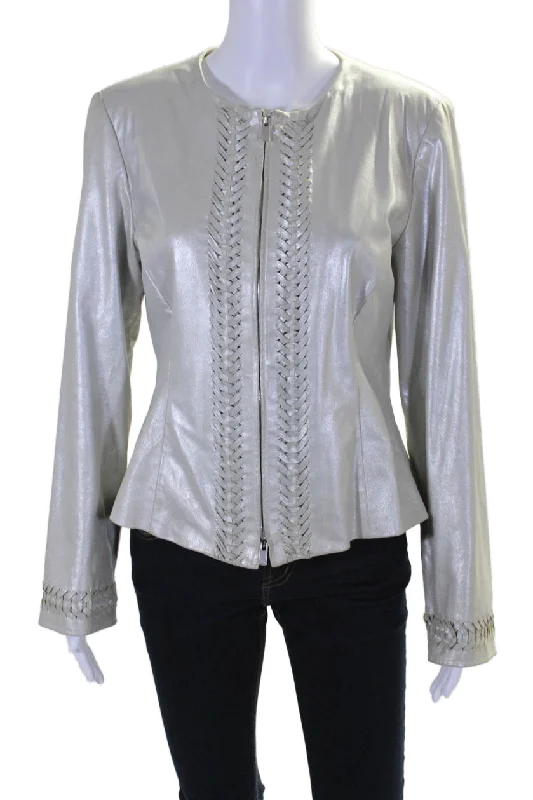 Designer JacketsArmani Collezioni Womens Leather Textured Braided Zipped Jacket White