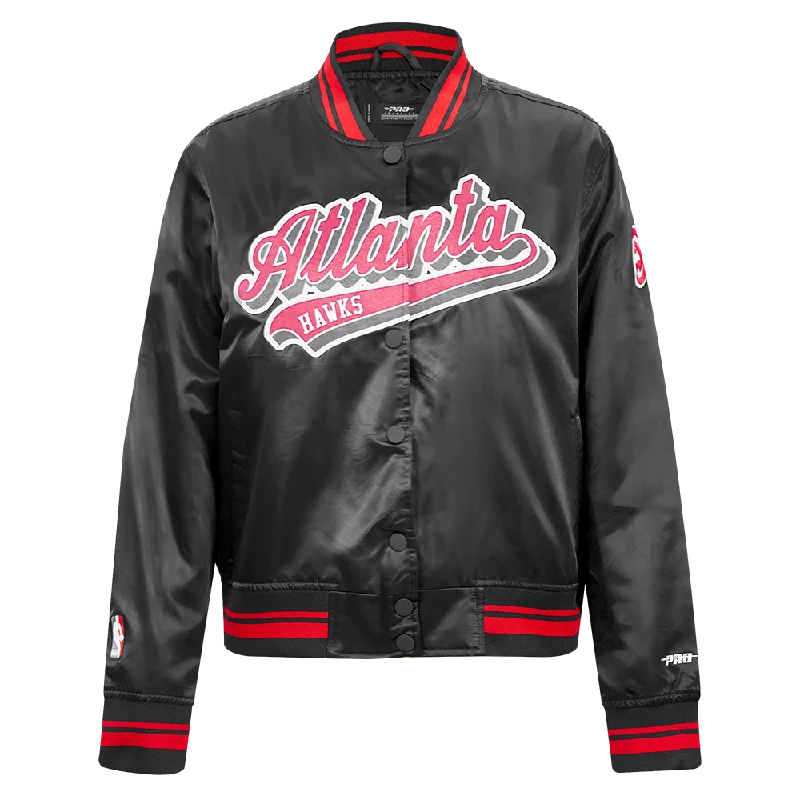 Ribbed Cuff JacketsNBA ATLANTA HAWKS SCRIPT TAIL WOMEN'S SATIN JACKET (BLACK/RED/BLACK)