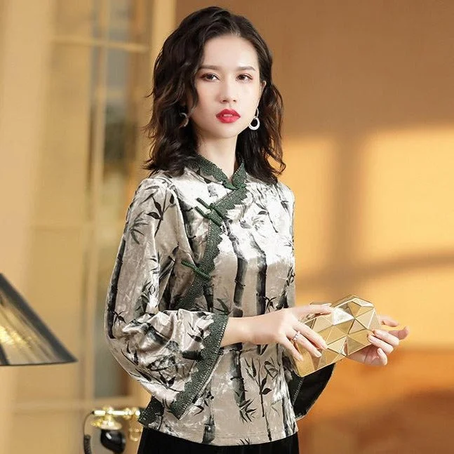 Military JacketsBamboo Pattern Velvet Women's Chinese Jacket Cheongsam Top