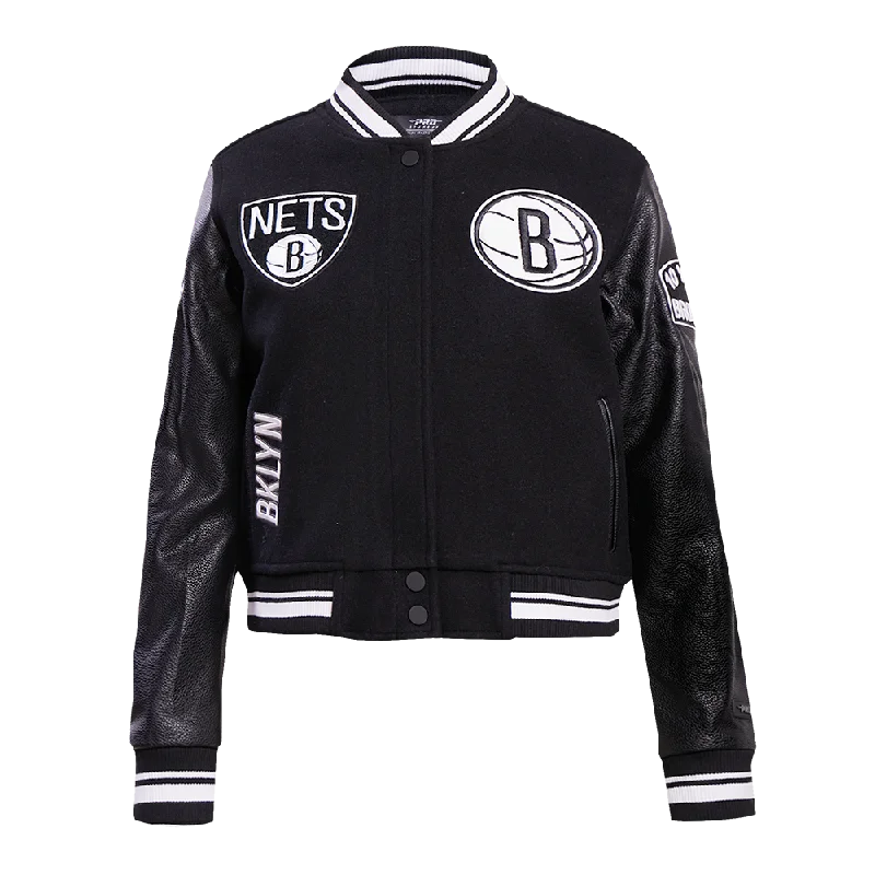 Button-Up JacketsNBA BROOKLYN NETS RETRO CLASSIC WOMEN'S RIB WOOL VARSITY JACKET (BLACK)