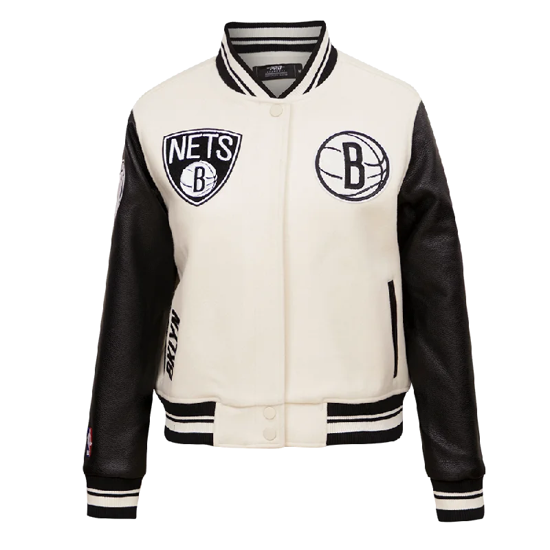 Metallic JacketsNBA BROOKLYN NETS RETRO CLASSIC WOMEN'S RIB WOOL VARSITY JACKET (EGGSHELL/ BLACK)