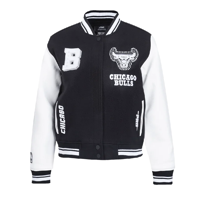 Track JacketsNBA CHICAGO BULLS PEARLS WOMEN'S RIB WOOL VARSITY JACKET (BLACK/WHITE)