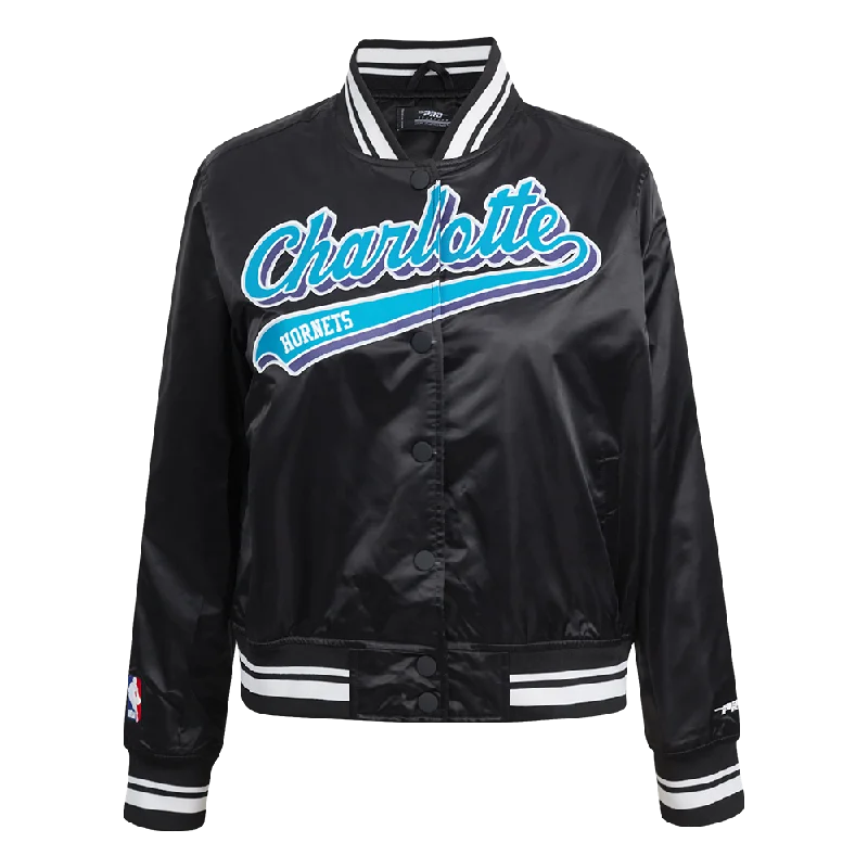 Branded JacketsNBA CHARLOTTE HORNETS SCRIPT TAIL WOMEN'S SATIN JACKET (BLACK)