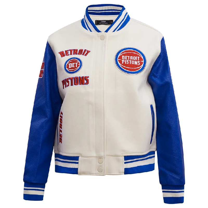 Safari JacketsNBA DETROIT PISTONS RETRO CLASSIC WOMEN'S RIB WOOL VARSITY JACKET (EGGSHELL/ROYAL BLUE)