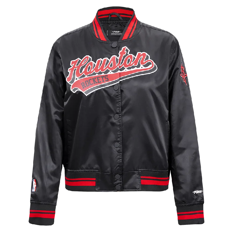 Running JacketsNBA HOUSTON ROCKETS SCRIPT TAIL WOMEN'S SATIN JACKET (BLACK/RED/BLACK)