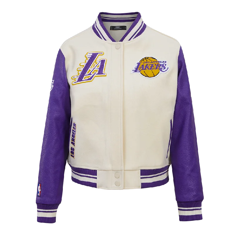 Field JacketsNBA LOS ANGELES LAKERS RETRO CLASSIC WOMEN'S RIB WOOL VARSITY JACKET (EGGSHELL/ PURPLE)