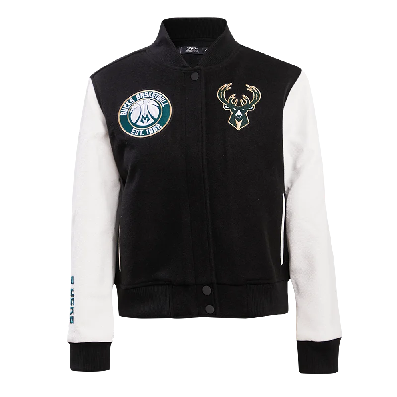 Quilted JacketsNBA MILWAUKEE BUCKS CLASSIC WOOL WOMEN'S VARSITY JACKET (BLACK/WHITE)