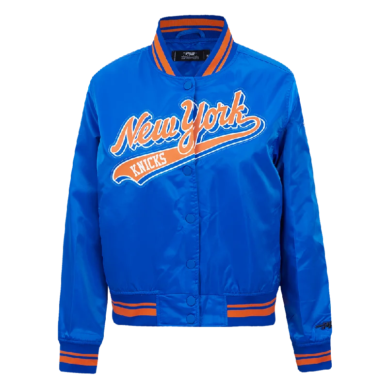 Rainproof JacketsNBA NEW YORK KNICKS SCRIPT TAIL WOMEN'S SATIN JACKET (ROYAL/ORANGE/ROYAL)