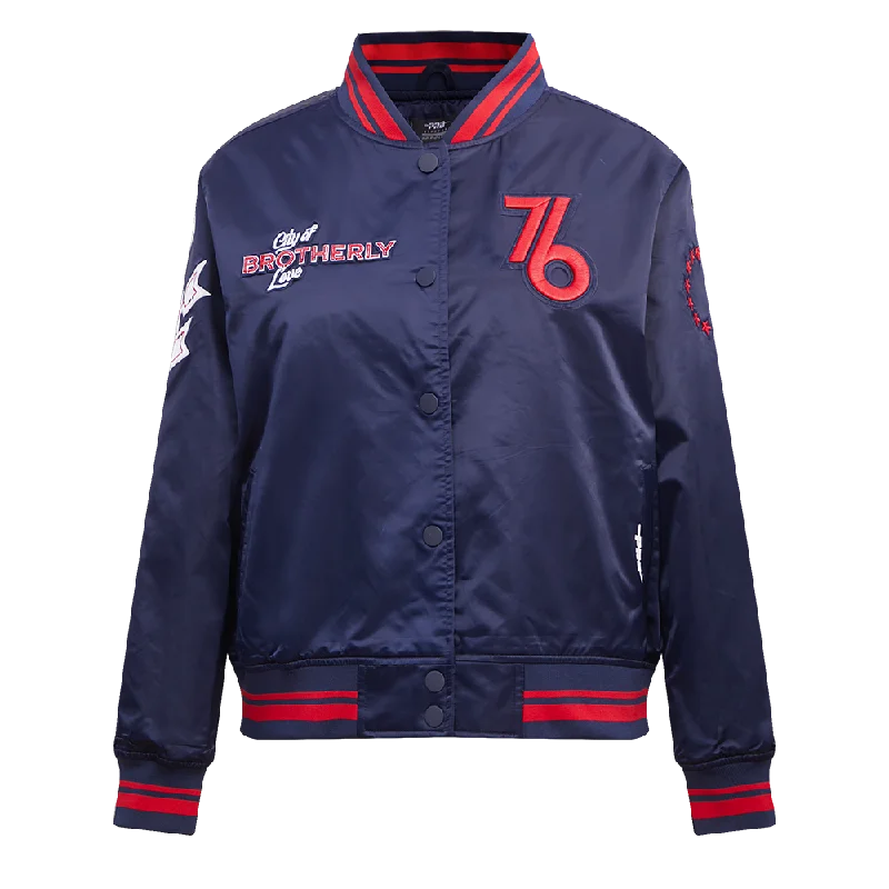 Fringed JacketsNBA PHILADELPHIA 76ERS CHEST CITY OF BROTHERLY LOVE MEN'S RIB SATIN JACKE (MIDNIGHT NAVY/RED/MIDNIGHT NAVY)