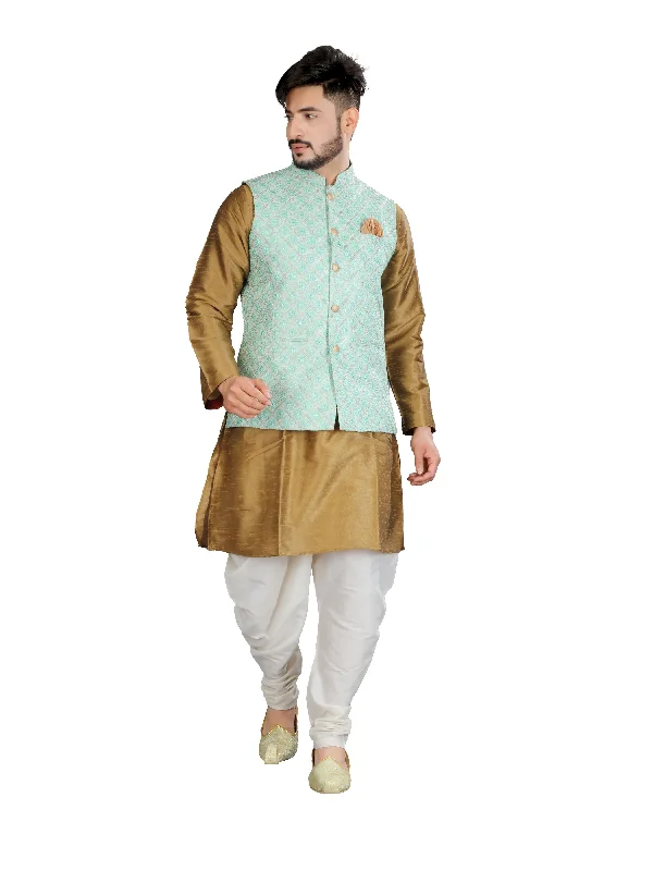 Fringed JacketsIndian Traditional Golden Silk Kurta With Luckhnavi Silk Pista Nehru Jacket - RK4237