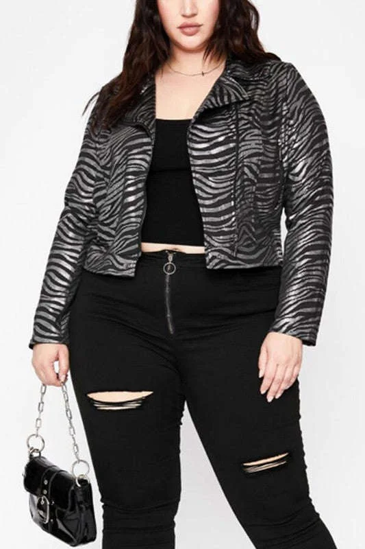 Insulated JacketsFasheabe Crystal Zebra Moto Biker Jacket - Black Silver