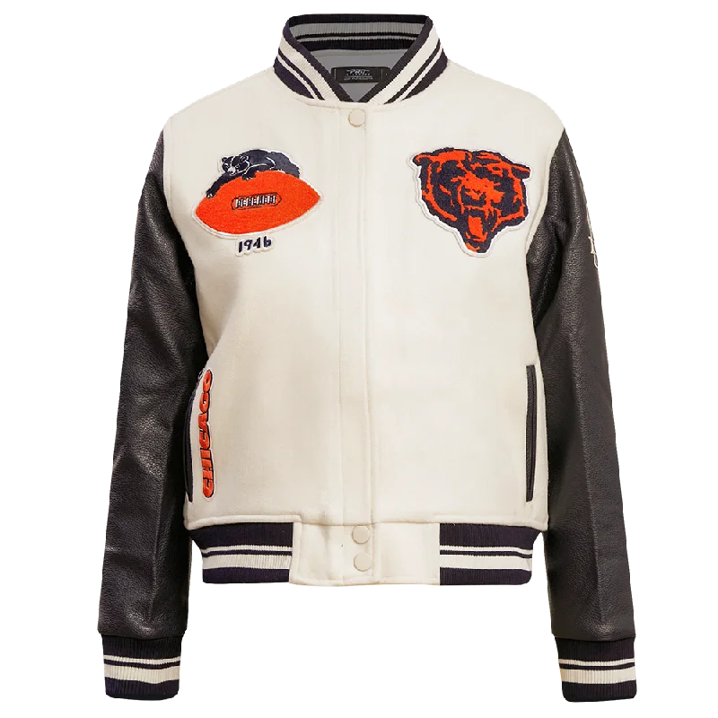 Beaded JacketsNFL CHICAGO BEARS RETRO CLASSIC WOMEN'S RIB WOOL VARSITY JACKET (EGGSHELL/ MIDNIGHT NAVY)