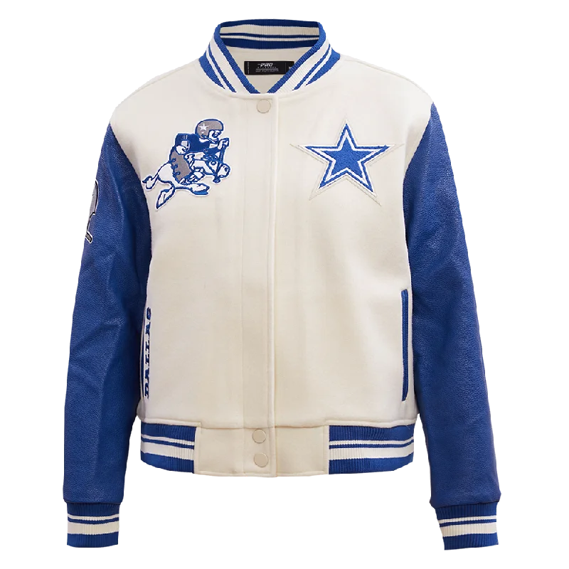 Band Merch JacketsNFL DALLAS COWBOYS RETRO CLASSIC WOMEN'S RIB WOOL VARSITY JACKET (EGGSHELL/DODGER BLUE)