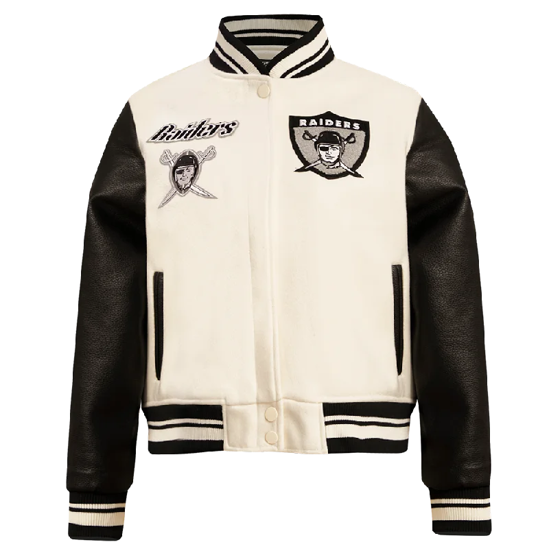 Streetwear JacketsNFL OAKLAND RAIDERS RETRO CLASSIC WOMEN'S RIB WOOL VARSITY JACKET (EGGSHELL/ BLACK)