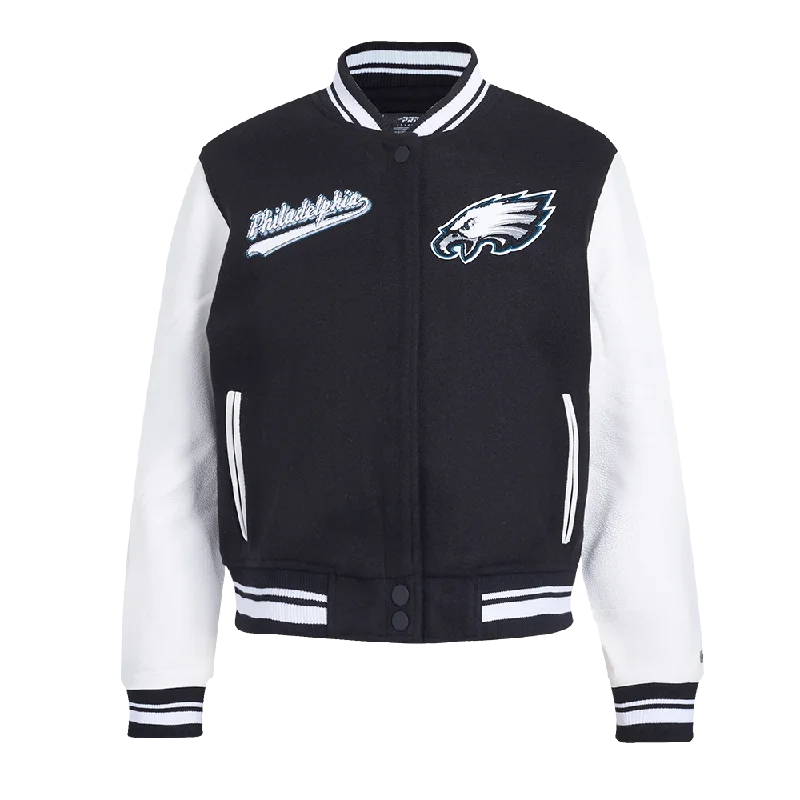 Streetwear JacketsNFL PHILADELPHIA EAGLES SCRIPT TAIL WOMEN'S WOOL VARSITY JACKET (BLACK/WHITE)