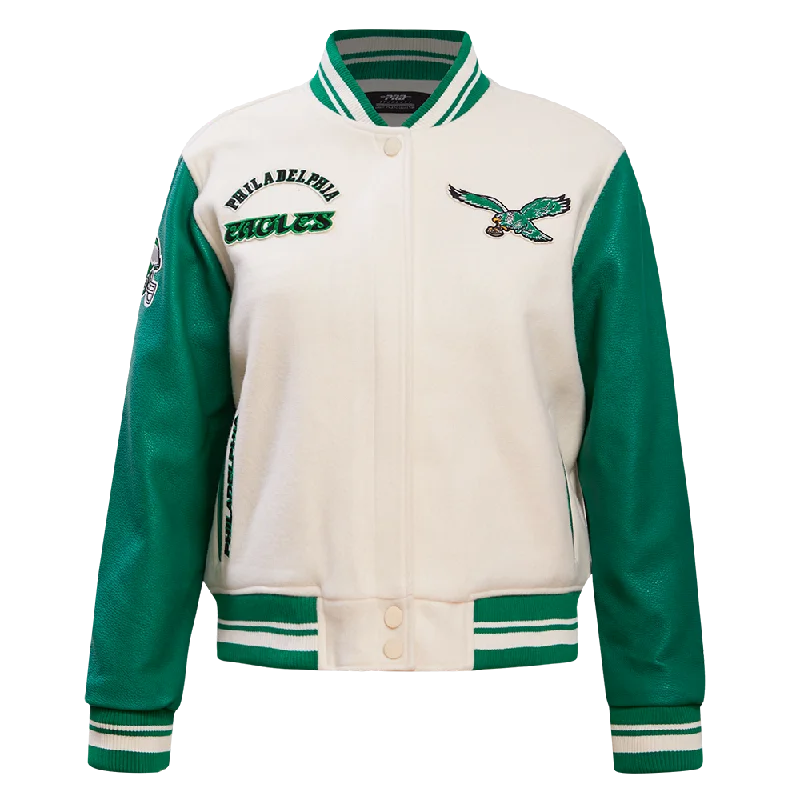 Urban JacketsNFL PHILADELPHIA EAGLES RETRO CLASSIC WOMEN'S RIB WOOL VARSITY JACKET (EGGSHELL/ KELLY GREEN)