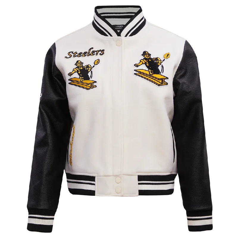 Trench CoatsNFL PITTSBURGH STEELERS RETRO CLASSIC WOMEN'S RIB WOOL VARSITY JACKET (EGGSHELL/ BLACK)