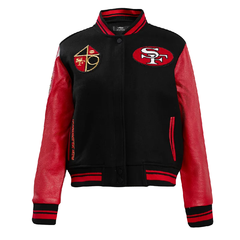 Bomber JacketsNFL SAN FRANCISCO 49ERS RETRO CLASSIC WOMEN'S RIB WOOL VARSITY JACKET (BLACK/RED/BLACK)