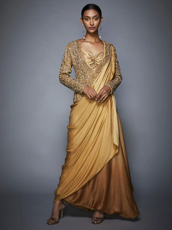 Polyester JacketsRI Ritu Kumar Gold High-Low Draped Saree With Stitched Blouse & Jacket