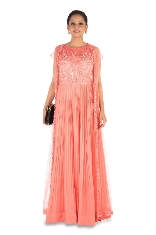 Down JacketsHand Embroidered Coral Mirco Pleated Flare Gown With Jacket