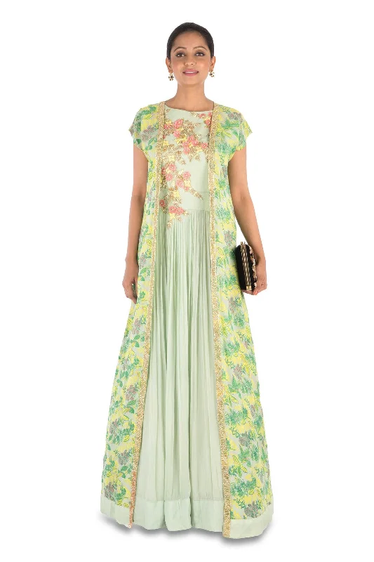 Sherpa JacketsHand Embroidered Pale Green Micro Pleated Flare Gown With Printed Jacket