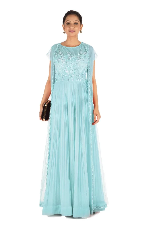 Zippered JacketsHand Embroidered Powder Blue Mirco Pleated Flare Gown With Jacket