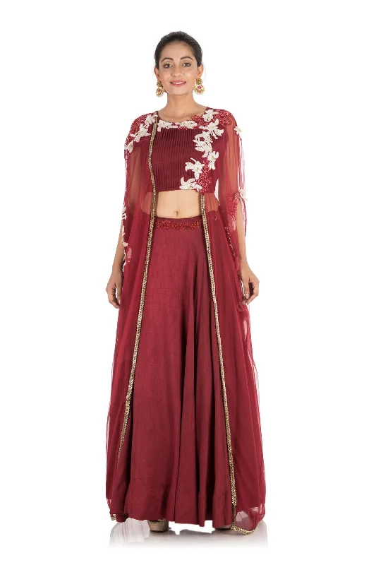 College JacketsHand Embroidered Wine Lehenga With Attached Jacket Style Cape