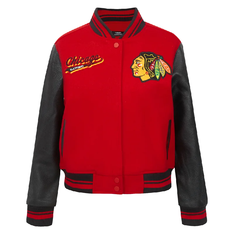 Tasseled JacketsNHL CHICAGO BLACKHAWKS SCRIPT TAIL WOMEN'S WOOL VARSITY JACKET (RED/BLACK)