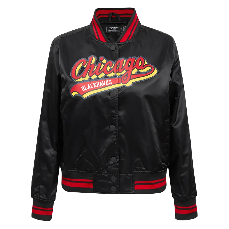 Pocketed JacketsNHL CHICAGO BLACKHAWKS SCRIPT TAIL WOMEN'S SATIN JACKET (BLACK/RED/BLACK)