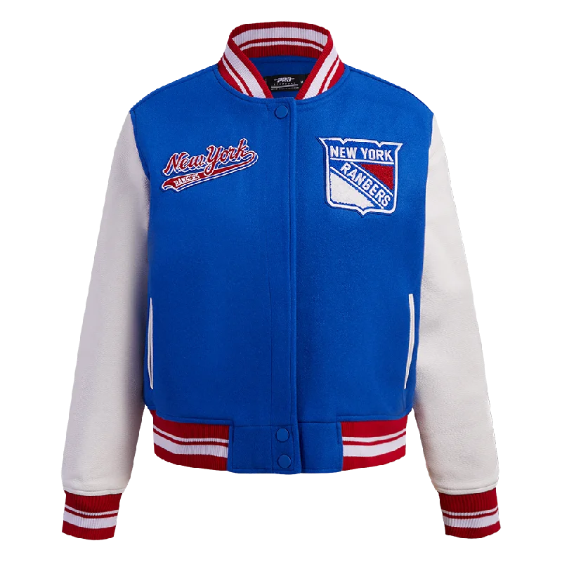 Beaded JacketsNHL NEW YORK RANGERS SCRIPT TAIL WOMEN'S WOOL VARSITY JACKET (ROYAL BLUE/RED)