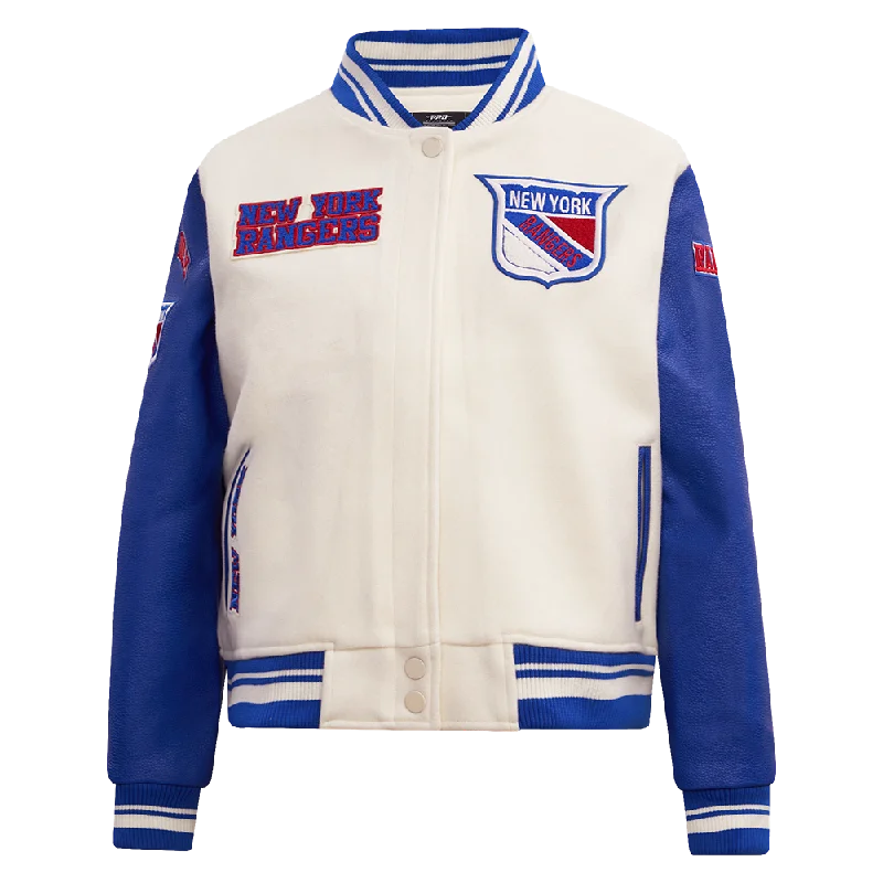 Fishing JacketsNHL NEW YORK RANGERS RETRO CLASSIC WOMEN'S RIB WOOL VARSITY JACKET (EGGSHELL/ROYAL BLUE)