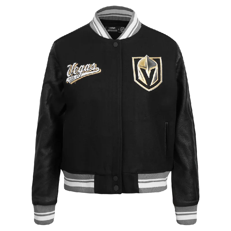 Work JacketsNHL VEGAS GOLDEN KNIGHTS SCRIPT TAIL WOMEN'S WOOL VARSITY JACKET (BLACK/GRAY)