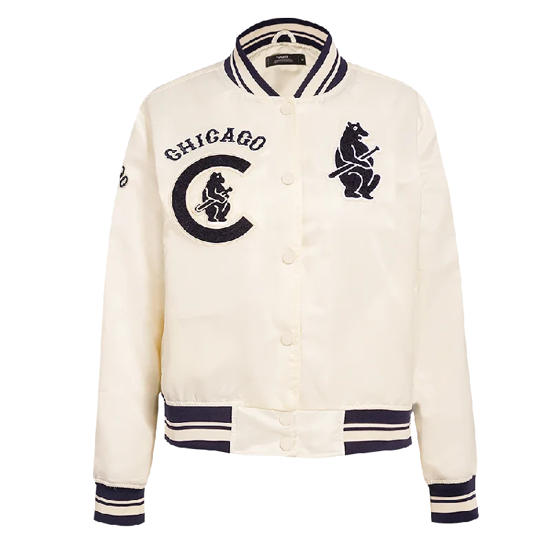 Fleece JacketsMLB CHICAGO CUBS RETRO CLASSIC WOMEN'S RIB SATIN JACKET (EGGSHELL/ MIDNIGHT NAVY)