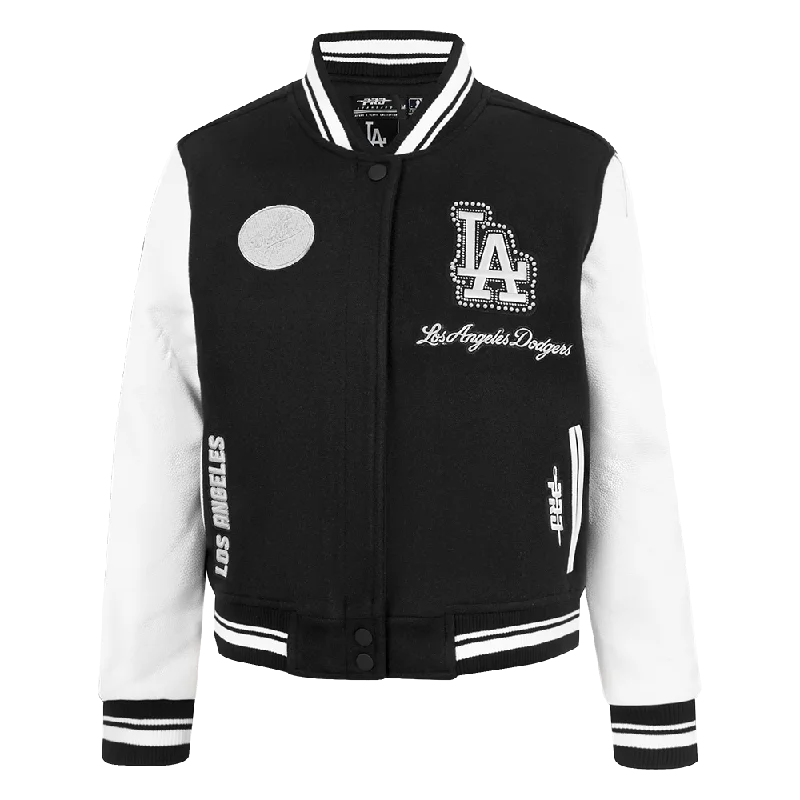 Lace-Up JacketsMLB LOS ANGELES DODGERS PEARLS WOMEN'S RIB WOOL VARSITY JACKET (BLACK/WHITE)