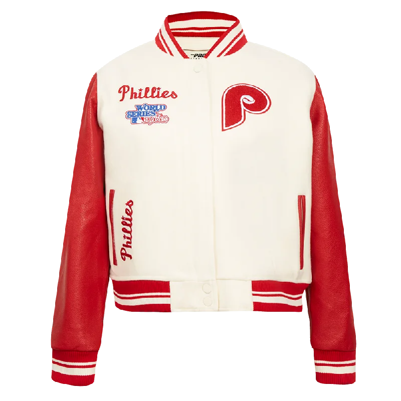 Puffer JacketsMLB PHILADELPHIA PHILLIES RETRO CLASSIC WOMEN'S RIB WOOL VARSITY JACKET (EGGSHELL/ RED)