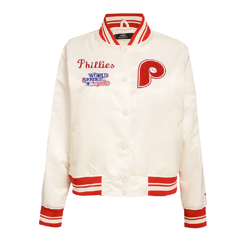 Polyester JacketsMLB PHILADELPHIA PHILLIES RETRO CLASSIC WOMEN'S RIB SATIN JACKET (EGGSHELL/RED)